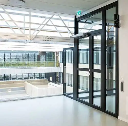 Office entry door with side and top lights, EI2 90, motorized
